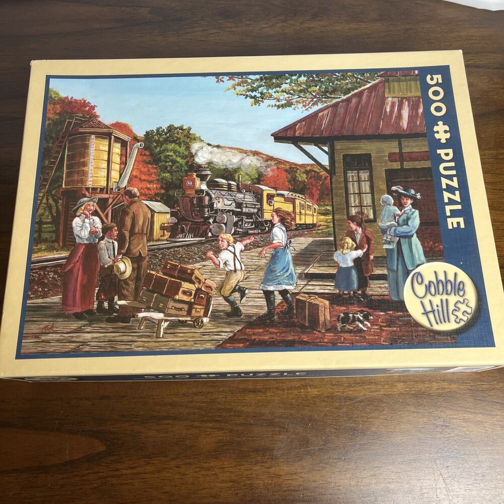 Cobble Hill Waiting For The Train 500 Piece Puzzle 24”x18" Railroad - Complete